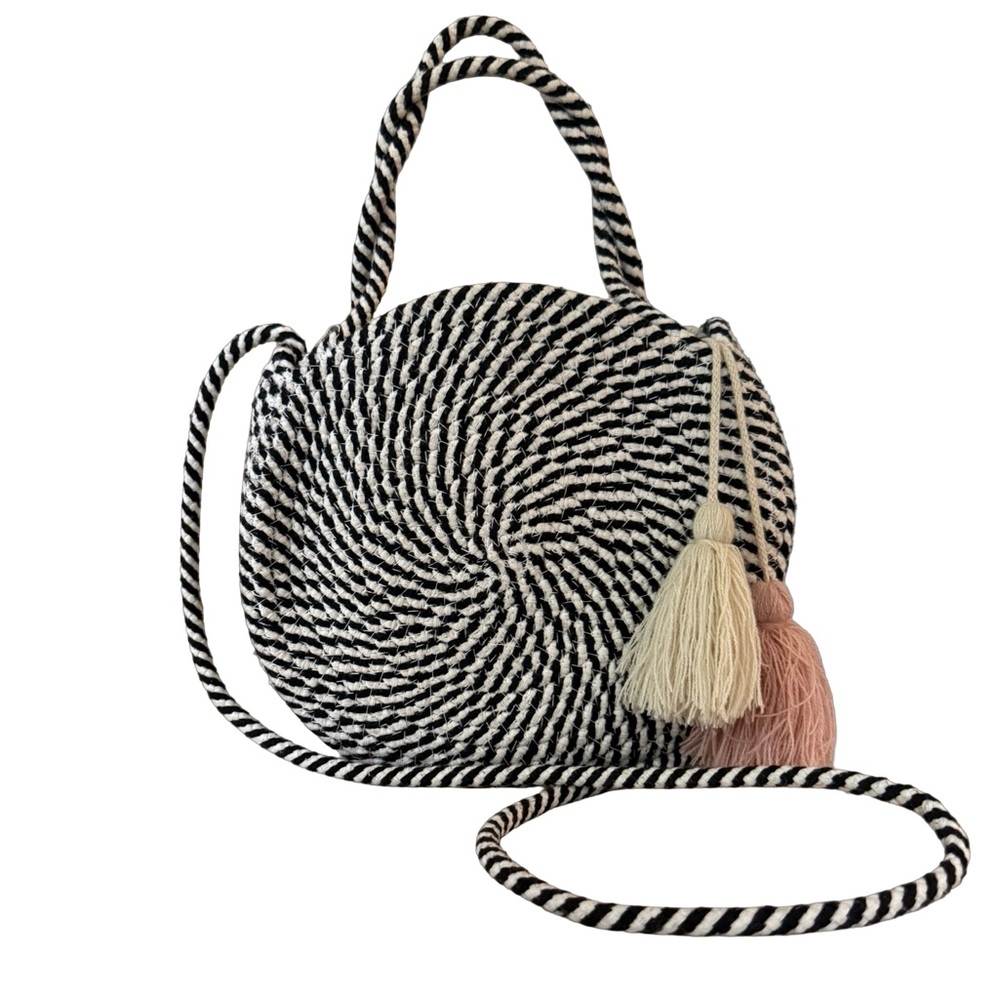 Round Woven Striped Crossbody Bag with Tassels